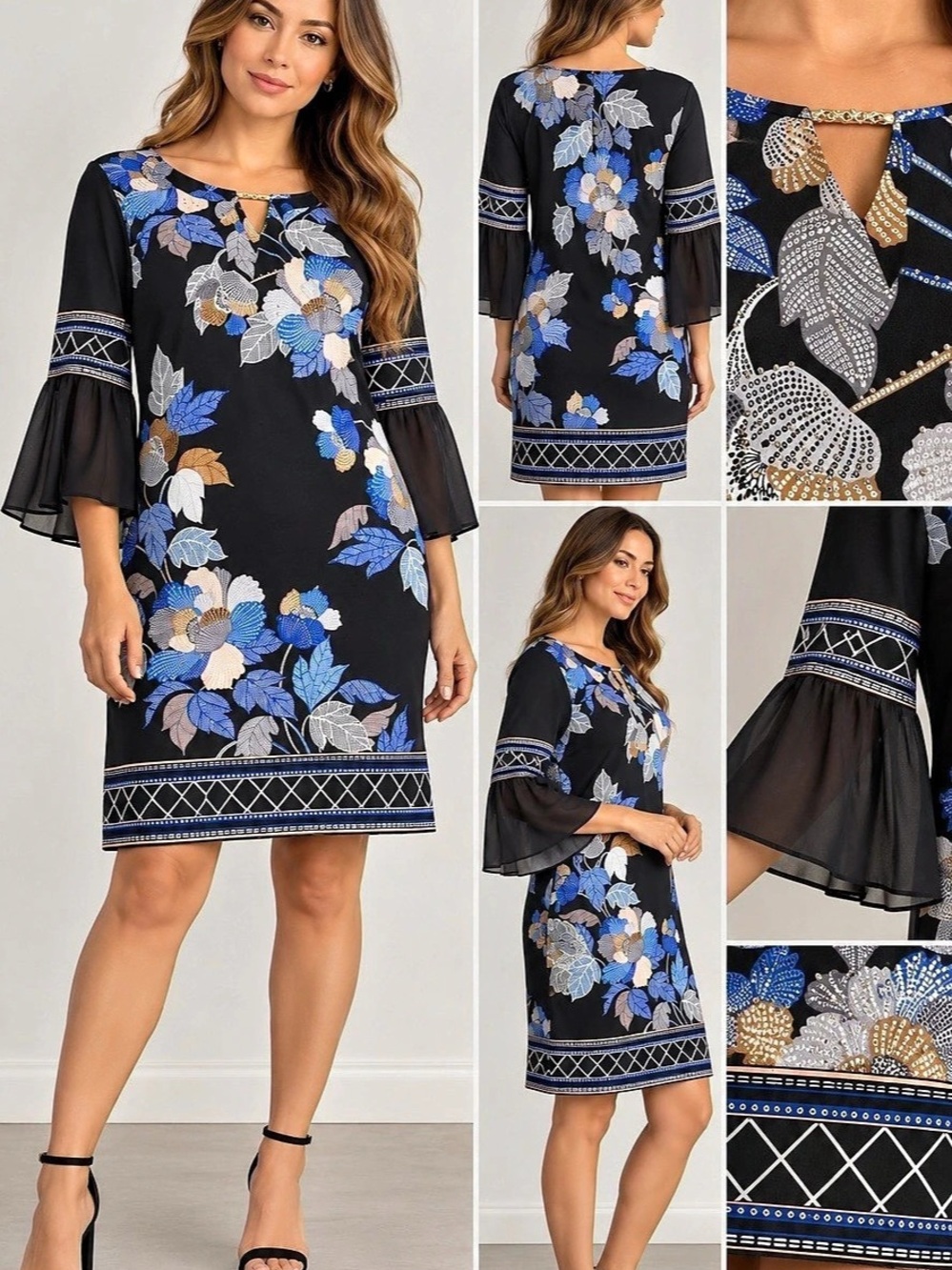 JM Collection Black Floral Bell Sleeve Shift Dress Women’s size 0X
